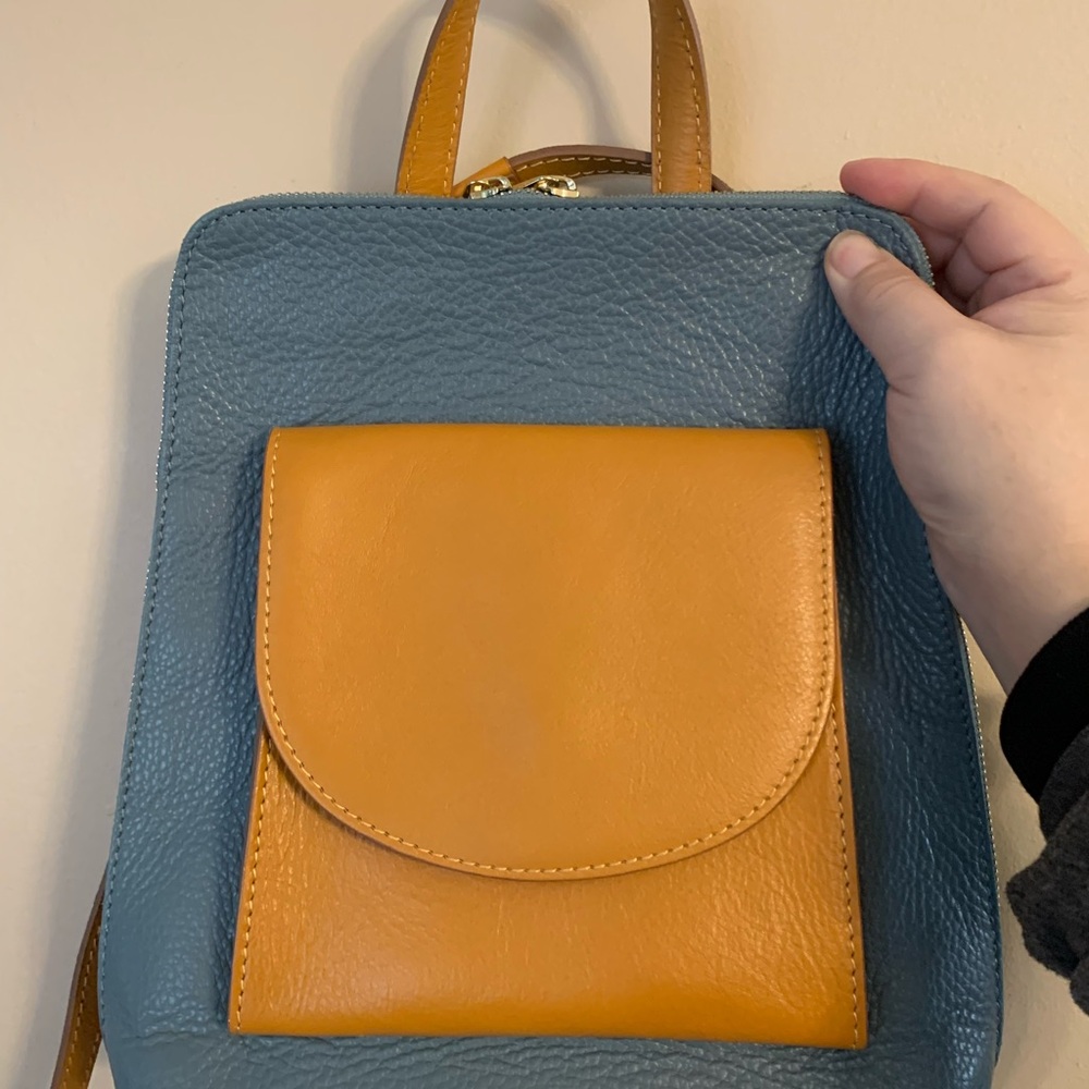 Blue and Orange Leather Backpack